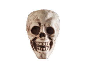 Front view of human skull isolated on white background. Halloween holiday or medical education concept. High quality photo