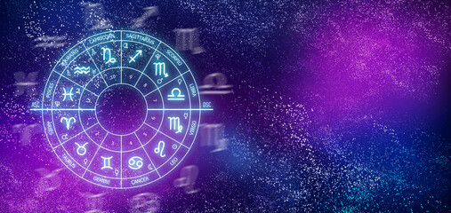 Zodiac circle on the background of a space. Astrology. web banner. copy space
