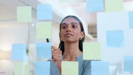 Young woman scheduling work strategy. Business female brainstorming, planning work showing corporate leadership, management skills. Lady taking detail information on tasks for company objectives.