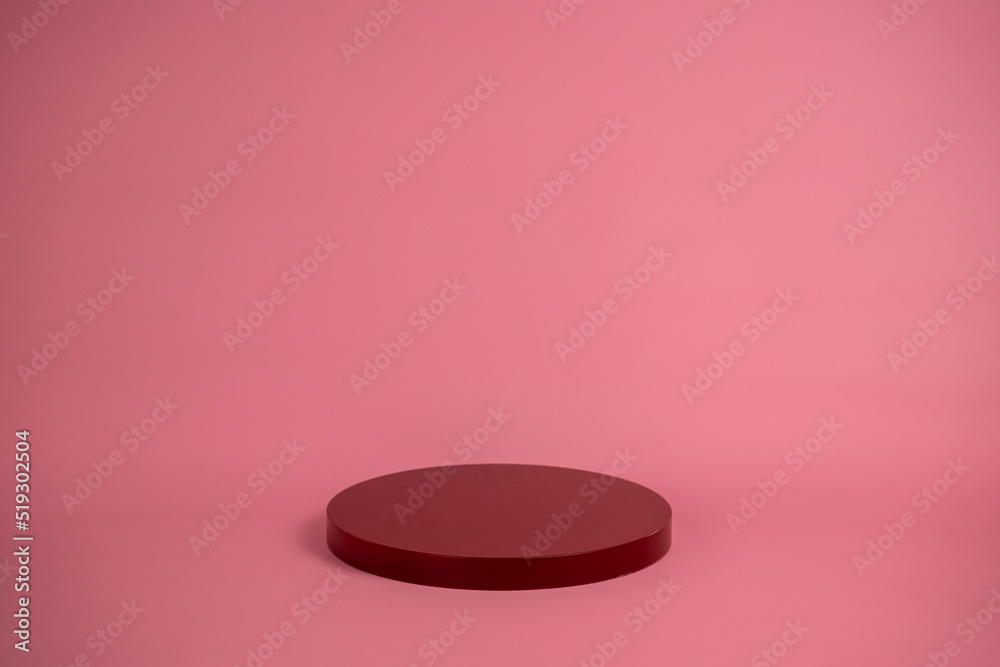 Poster empty podium for display cosmetic product. platform arrangement in pink pastel color in trendy minim