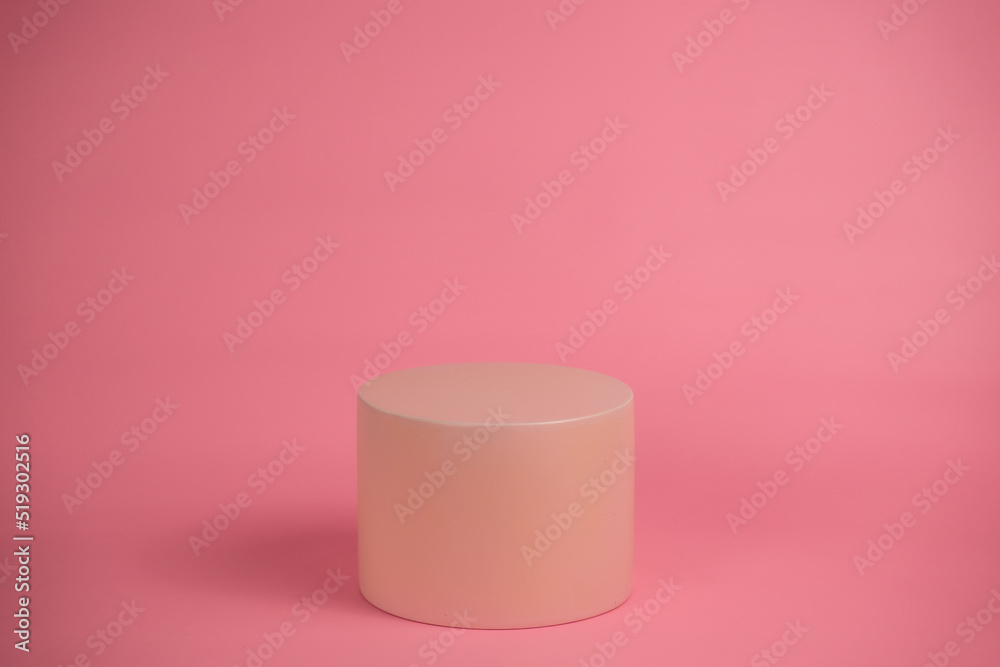 Poster empty podium for display cosmetic product. platform arrangement in pink pastel color in trendy minim