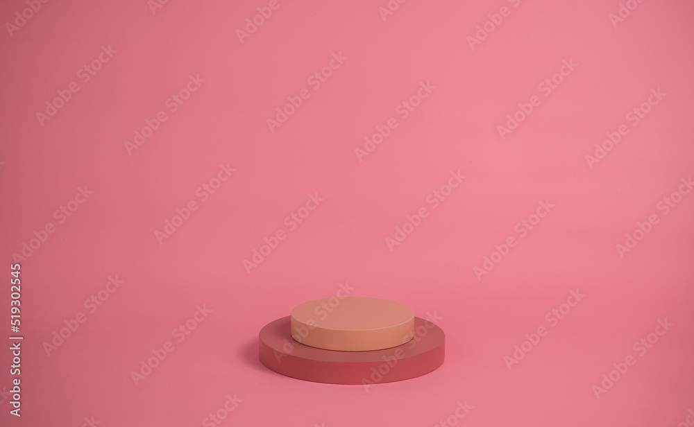 Poster empty podium for display cosmetic product. platform arrangement in pink pastel color in trendy minim