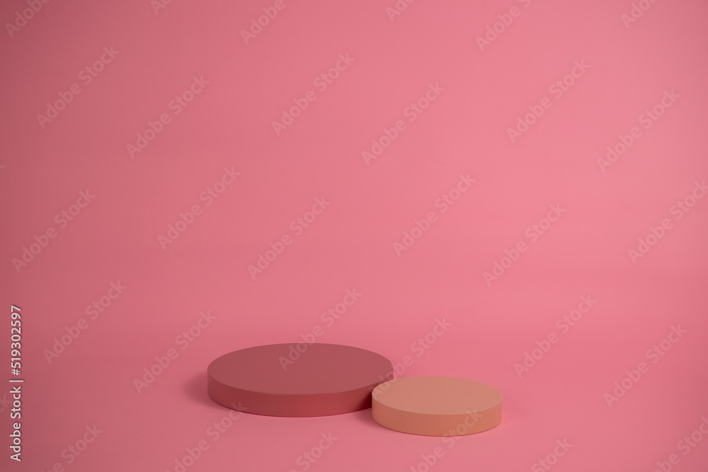 Poster empty podium for display cosmetic product. platform arrangement in pink pastel color in trendy minim