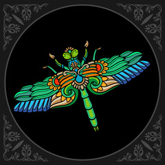Colorful dragonfly zentangle arts isolated on black background