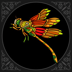 Colorful dragonfly zentangle arts isolated on black background