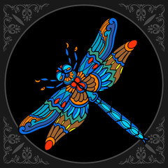 Colorful dragonfly zentangle arts isolated on black background