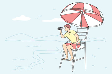 Male lifeguard sitting on chair on beach looking in binoculars. Man lifesaver on tower at seashore. Safety rescuer and sea help . Vector illustration. 