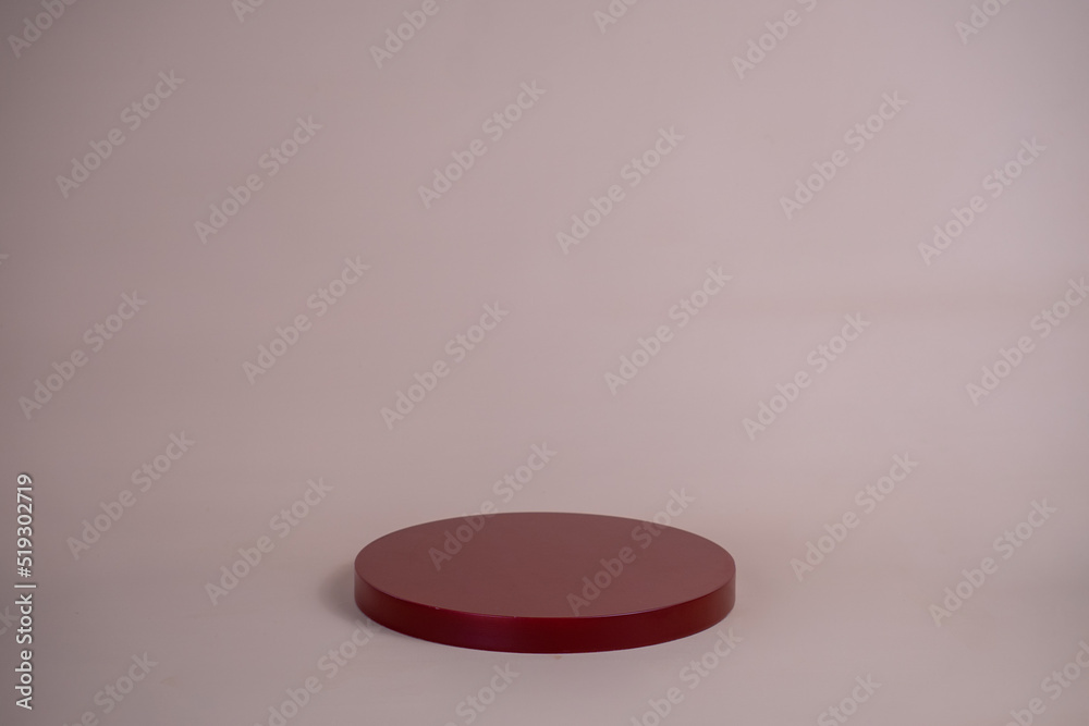 Poster empty podium for display cosmetic product. platform arrangement in pink pastel color in trendy minim