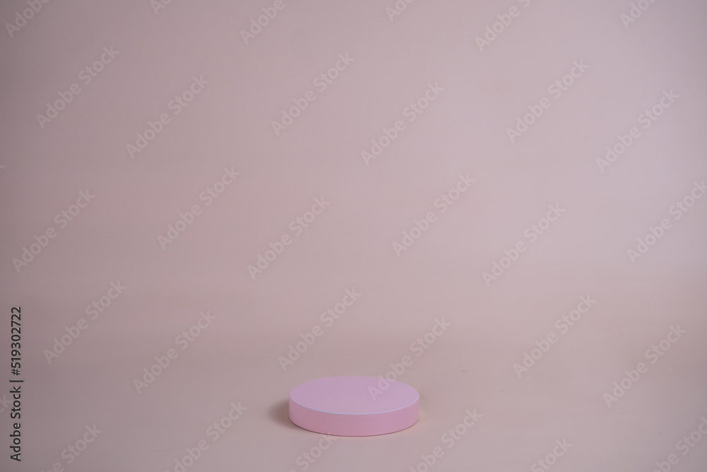 Poster empty podium for display cosmetic product. platform arrangement in pink pastel color in trendy minim