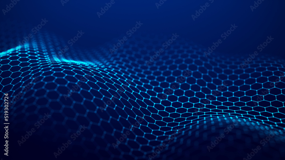 Wall mural futuristic blue wave of hexagonal grid on a blue background. the concept of big data. network connec