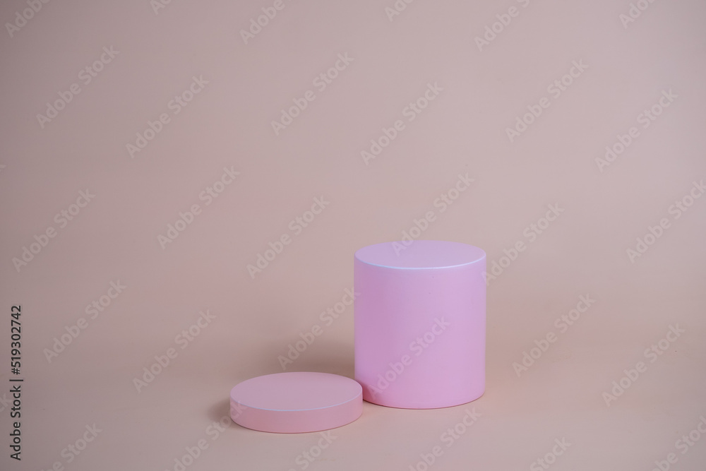 Poster empty podium for display cosmetic product. platform arrangement in pink pastel color in trendy minim