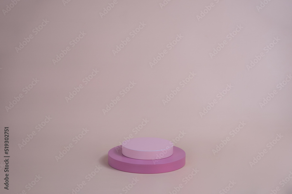 Poster empty podium for display cosmetic product. platform arrangement in pink pastel color in trendy minim
