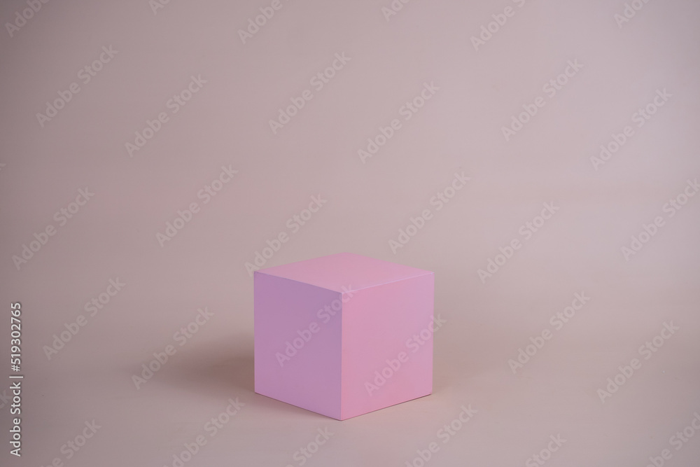 Poster empty podium for display cosmetic product. platform arrangement in pink pastel color in trendy minim