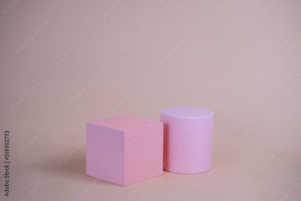 Poster empty podium for display cosmetic product. platform arrangement in pink pastel color in trendy minim