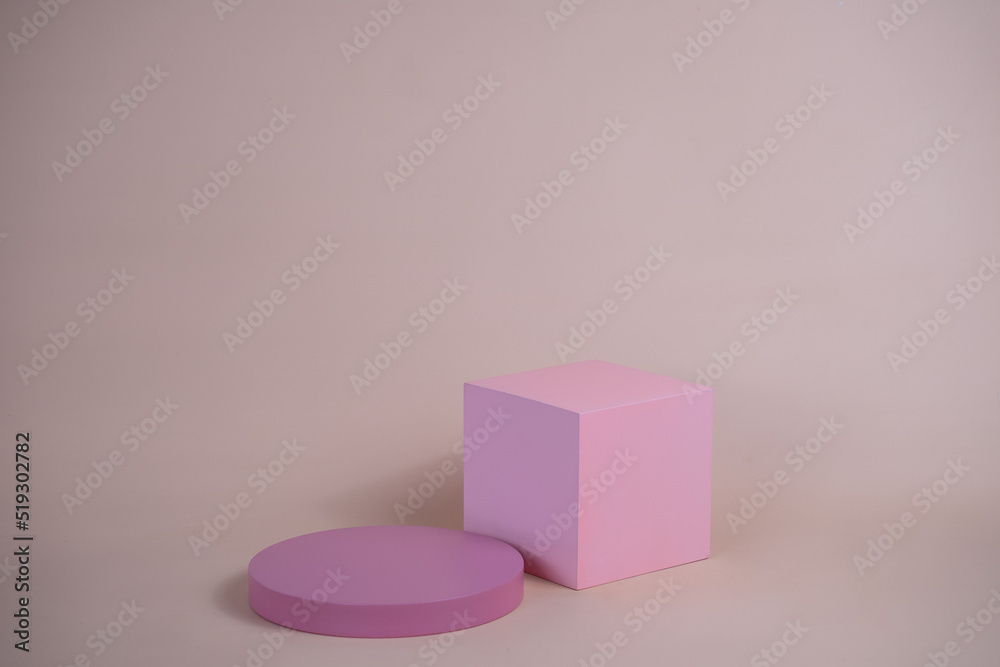 Poster empty podium for display cosmetic product. platform arrangement in pink pastel color in trendy minim