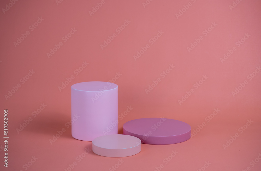 Poster empty podium for display cosmetic product. platform arrangement in pink pastel color in trendy minim
