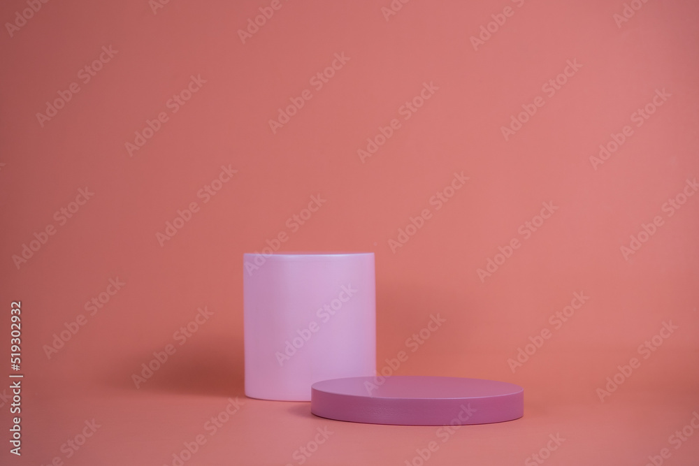 Poster empty podium for display cosmetic product. platform arrangement in pink pastel color in trendy minim