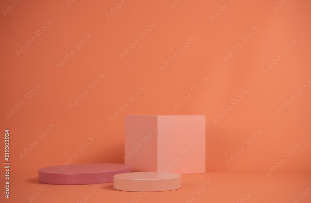 Poster empty podium for display cosmetic product. platform arrangement in pink pastel color in trendy minim