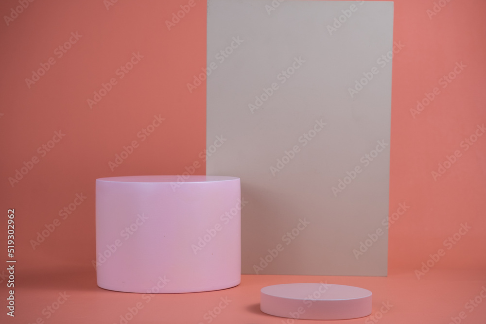 Poster empty podium for display cosmetic product. platform arrangement in pink pastel color in trendy minim