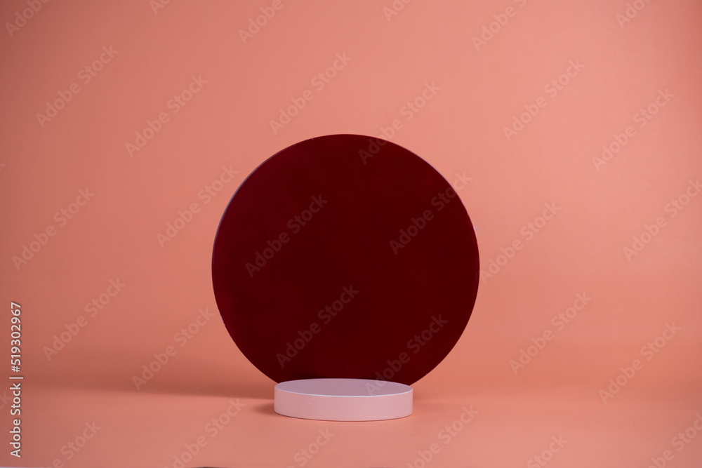 Poster empty podium for display cosmetic product. platform arrangement in pink pastel color in trendy minim