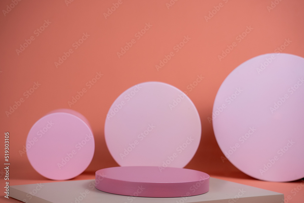 Poster empty podium for display cosmetic product. platform arrangement in pink pastel color in trendy minim