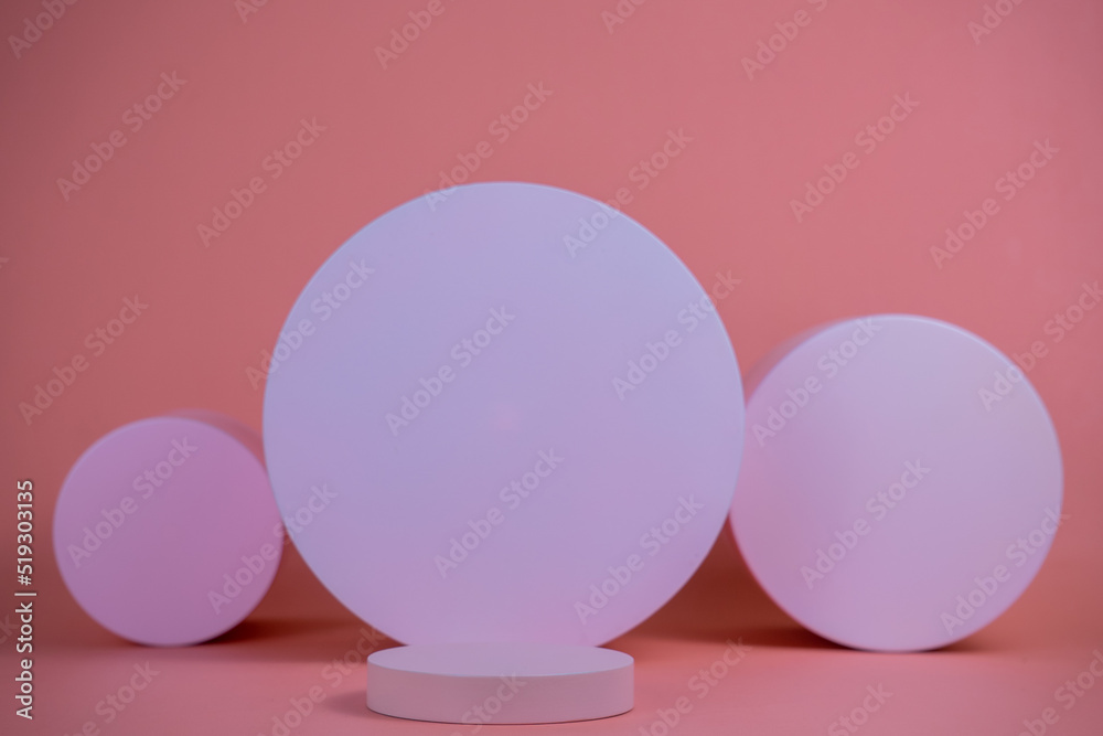 Poster empty podium for display cosmetic product. platform arrangement in pink pastel color in trendy minim