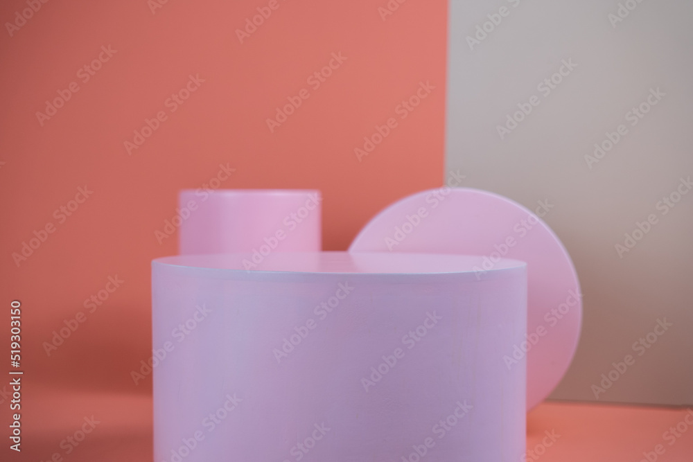 Poster empty podium for display cosmetic product. platform arrangement in pink pastel color in trendy minim