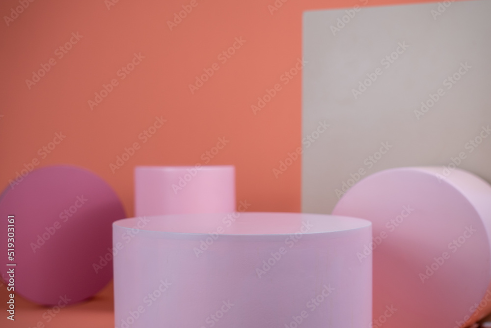 Poster empty podium for display cosmetic product. platform arrangement in pink pastel color in trendy minim