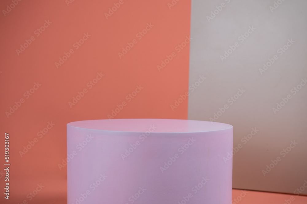 Poster empty podium for display cosmetic product. platform arrangement in pink pastel color in trendy minim