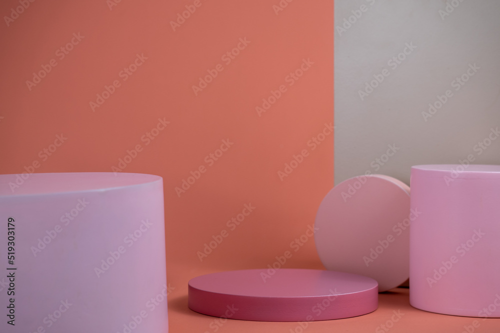 Poster empty podium for display cosmetic product. platform arrangement in pink pastel color in trendy minim
