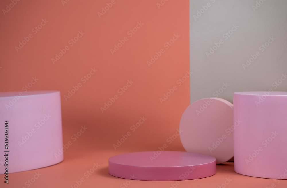 Poster empty podium for display cosmetic product. platform arrangement in pink pastel color in trendy minim