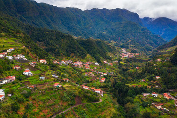 Aerial view of villages in the mountains of Madeira Islands, Portugal