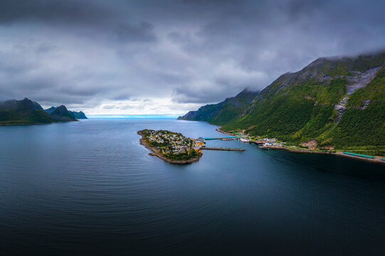 Aerial view of the Husoy fishing village on the Senja Island, Norway