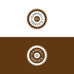 Set of sawmill service logo with saw isolated on background for woodwork and carpentry service. Stamps, banners and design elements. Wood work and manufacture label template. Vector illustration