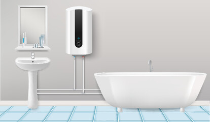 Water heater in home bathroom realistic vector