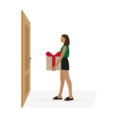 A young female character in summer clothes and with a gift box in her hands stands in front of a closed door on a white background