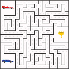 Labyrinth kids game with sport cars and golden cup. Vector Illustration 10 eps