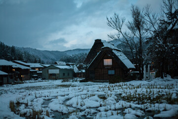 Gassho-style house at Shirakawa-go  in winter season at night time, UNESCO World Heritage Site, Japan