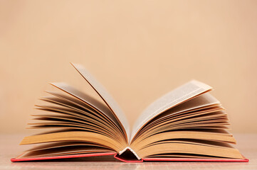 Open book on the table, neutral background