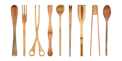 Topview of Set Cooking Wooden Utensils on White Background
