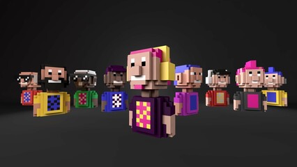 Presentation of NFT Avatars on crypto marketplace. NFT 3d collection of volumetric characters on colored backgrounds. Pixel Digital art. In-game assets for metaverse. Non-fungible Token.