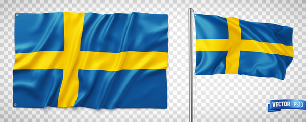 Vector realistic illustration of Swedish flags on a transparent background. - 519306182