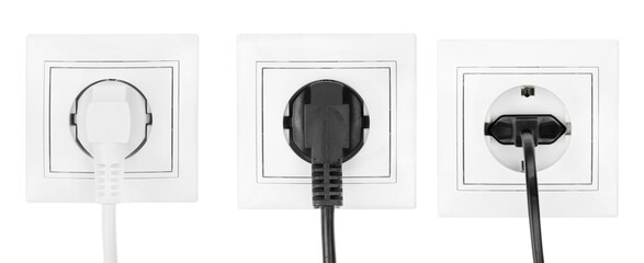 Collage power European electric plug isolated on a white.  electric cord plugged into a white electricity socket on white background