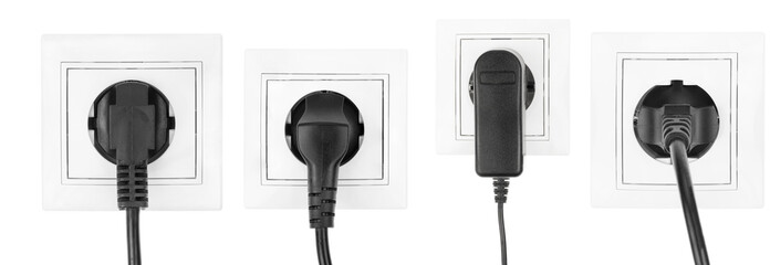 Collage power European electric plug isolated on a white.  electric cord plugged into a white electricity socket on white background - obrazy, fototapety, plakaty