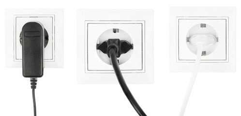 Collage power European electric plug isolated on a white.  electric cord plugged into a white...