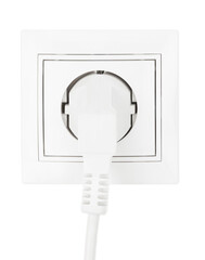 Power European electric plug isolated on a white.  electric cord plugged into a white electricity socket on white background