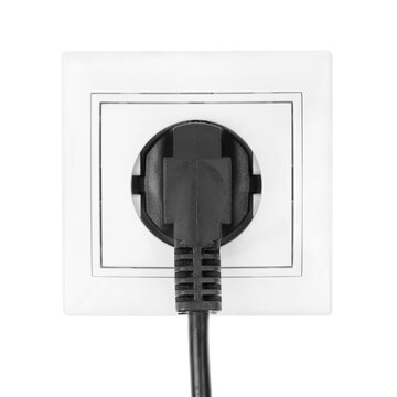 Power European electric plug isolated on a white. black electric cord plugged into a white electricity socket on white background