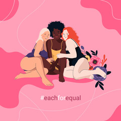 Group of multi cultural young happy girls in Swimsuits. Body Positive movement and beauty Diversity. Each for equal. Flat vector illustration.	