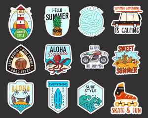 Summer adventure stickers design bundle. Travel emblems. Mountain outdoors labels collection. Stock vector explorer badges set