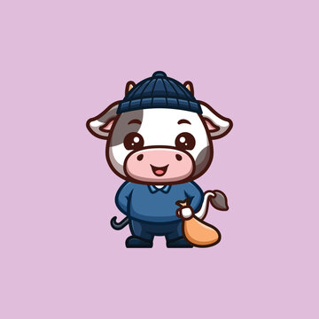 Cow Thief Cute Creative Kawaii Cartoon Mascot Logo